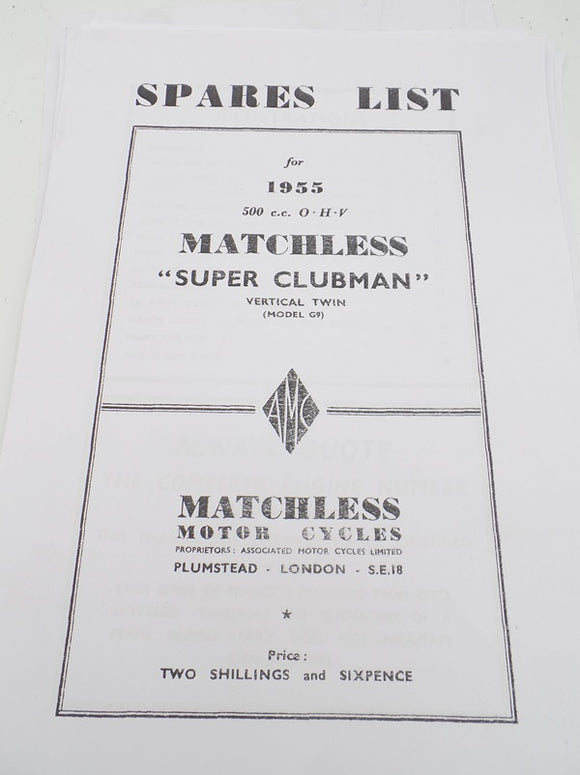 Matchless Super Clubman G9 1955 spares Catalogue Copy