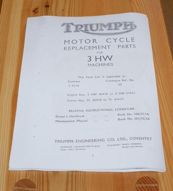 Triumph Motor Cycle Replacement parts for 3 HW Machines