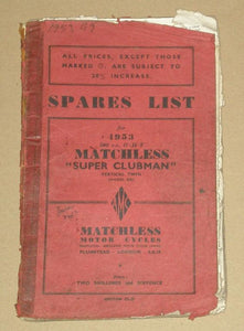 Matchless Spares List 1953 500c.c. O.H.V "Super Clubman" vertical twin (model G9)