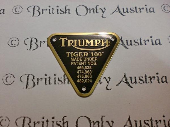 Triumph Patent Plate marked Tiger 100 -gold