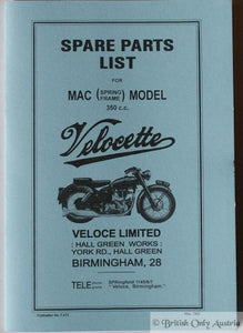 Velocette MAC (spring frame) Model 350cc Spare Parts List