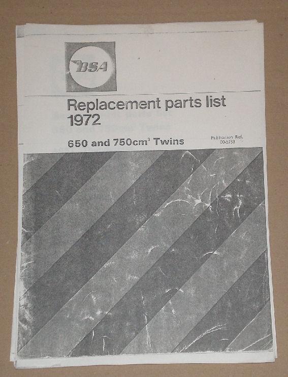 BSA Replacement Parts List 1972 A65/A70