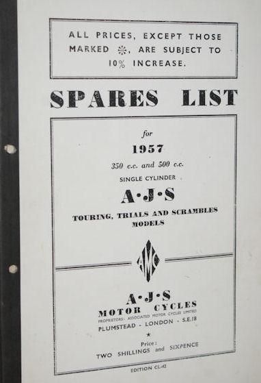 AJS Spares list for 1957 350 c.c. and 500 c.c. single cylinder, Copy
