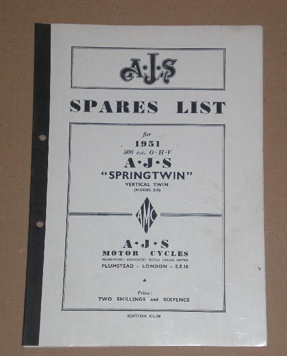 AJS Spares List 1951 500c.c. O.H.V. 