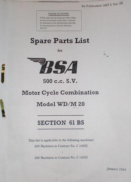 BSA 500cc SV Model WD/M20 Section 61 BS Parts List Copy